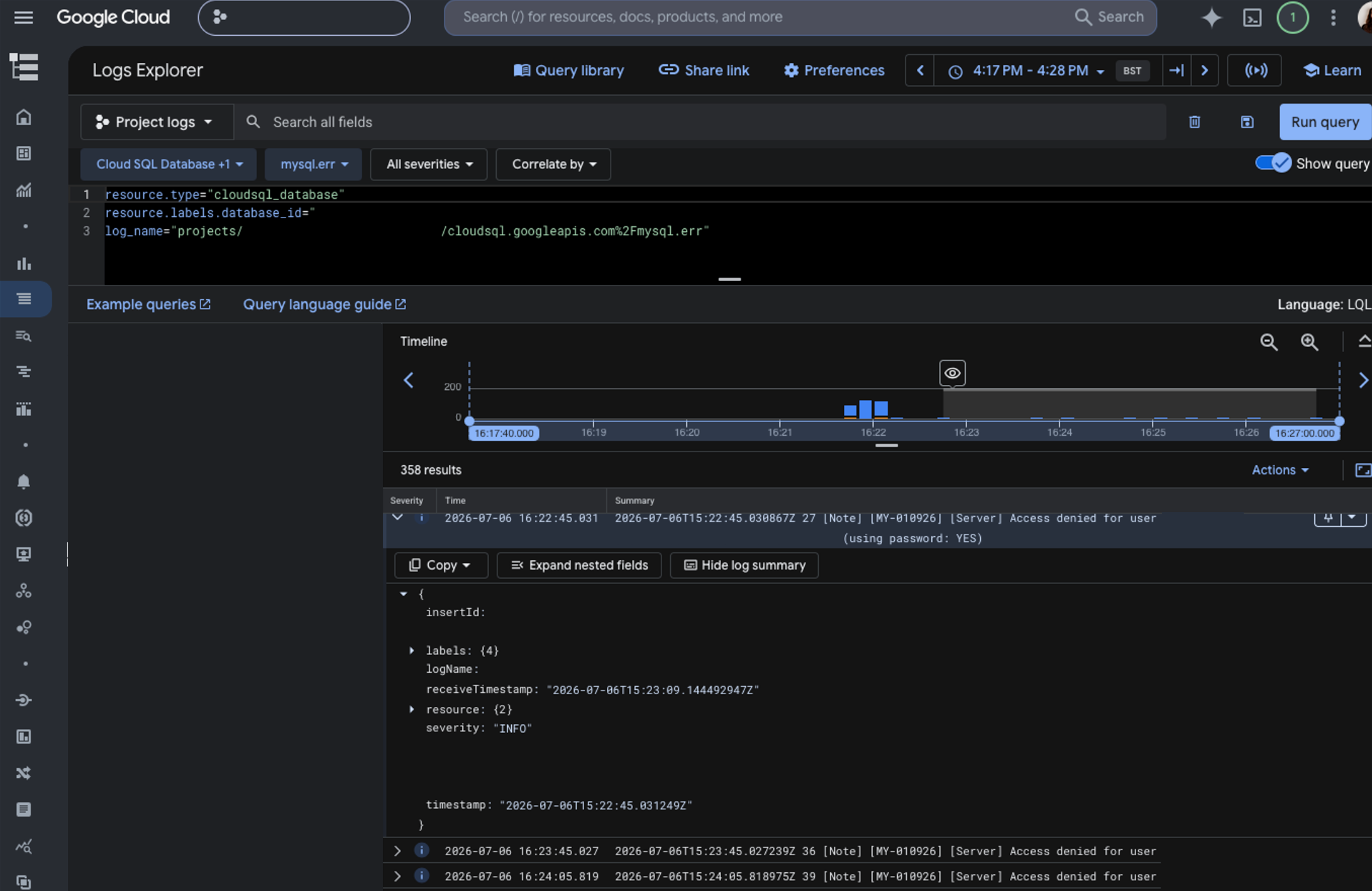 Google Cloud SQL logs