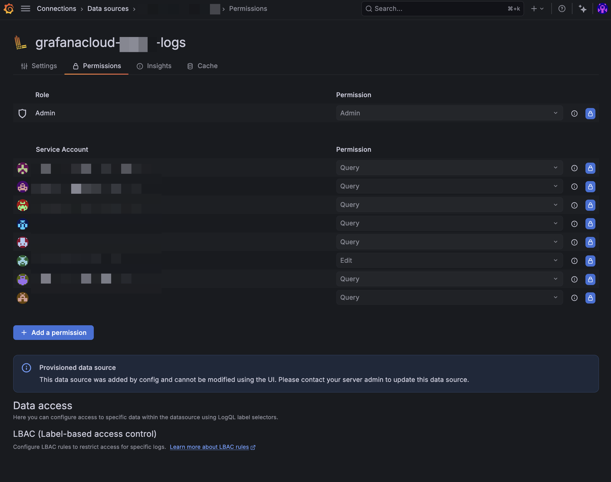 Grafana dashboard showing LBAC unavailable for provisioned cloud datasources