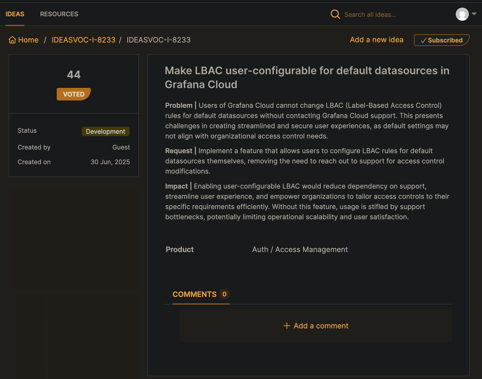Grafana roadmap showing LBAC unavailable for provisioned cloud datasources