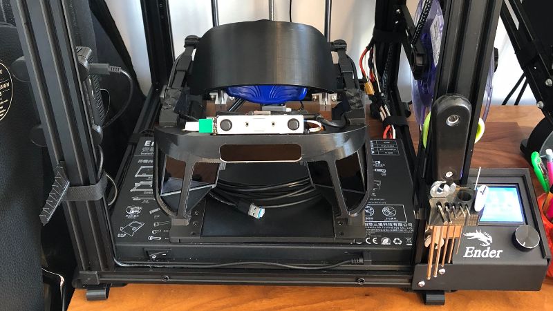Assembled North Star headset (missing lid) with Leap Motion Controller, and Intel Realsense T261